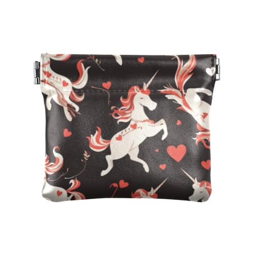 Einhörner Valentinstag Cartoon Schwarz Damen Leder Münzgeldbörsen Beutel Wasserdichte Kosmetiktasche für Frauen, Einhörner, Valentinstag, Cartoon, Schwarz, 1 size, Druckkunst von voucong