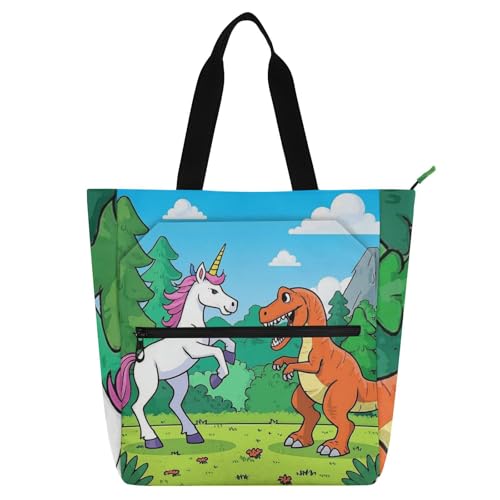 Einkaufstasche mit Cartoon-Einhörnern, Dinosaurier-Kampf, für Jungen, Mädchen, Frauen, große Einkaufstasche mit Reißverschluss-Griffen für Schule, Einkaufen, Lebensmittel von voucong