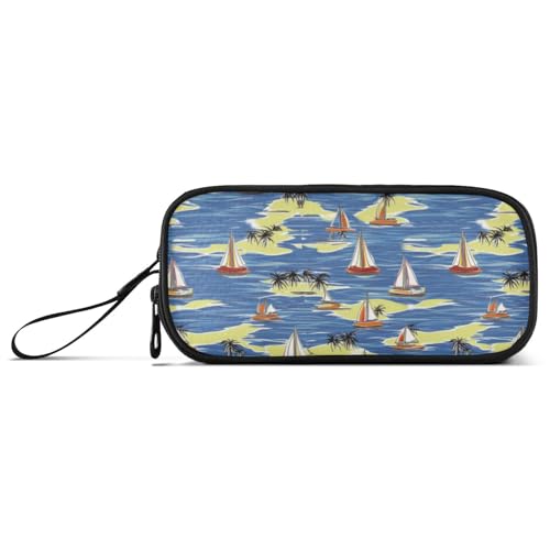 Federmäppchen mit Segelboot, Sommer-Szene, Nylon, großes Fassungsvermögen, Federmäppchen mit Fächern, Schulbedarf für Grundschule und Teenager von voucong