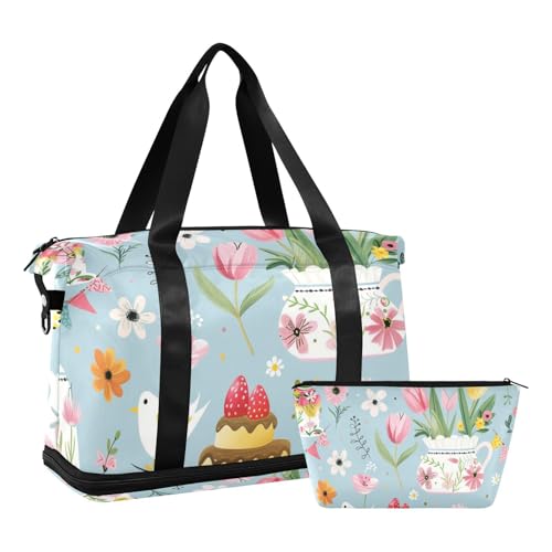 Fresh Flower Cups Frühlings-Handgepäcktasche mit Nasstasche, verstellbarer Riemen, Sporttasche, für Reisen, faltbar, für Männer und Frauen von voucong