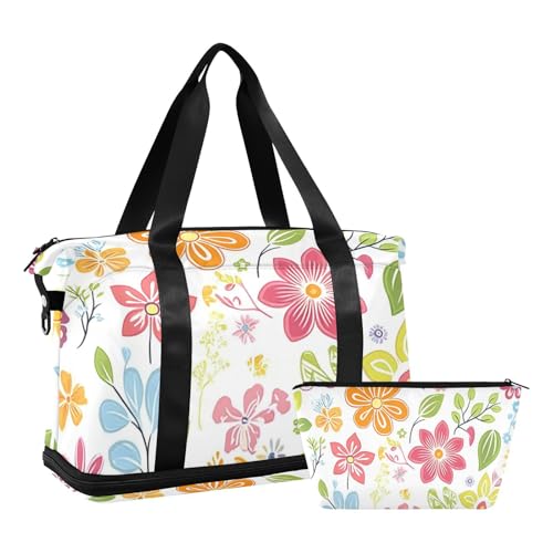 Fresh Spring einfache bunte Blumen Übernachtungstasche mit Nasstasche, verstellbarer Riemen, Workout-Tasche für Workout, faltbar, für Männer und Frauen von voucong