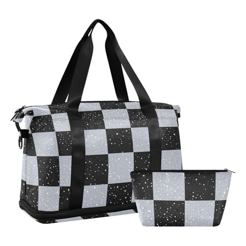 Gefälschte Glitzer-Schachbrett-Quadrate, Reisehandtasche mit Nasstasche, verstellbarem Riemen, Sporttasche zum Wandern, 2-teiliges Set für Männer und Frauen von voucong