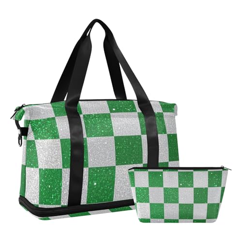 Gefälschte Glitzer-Schachbrettquadrate in Weiß und Grün, Seesack mit Nasstasche, verstellbarem Riemen, großer Turnbeutel für Workout, wasserdicht, für Männer und Frauen von voucong