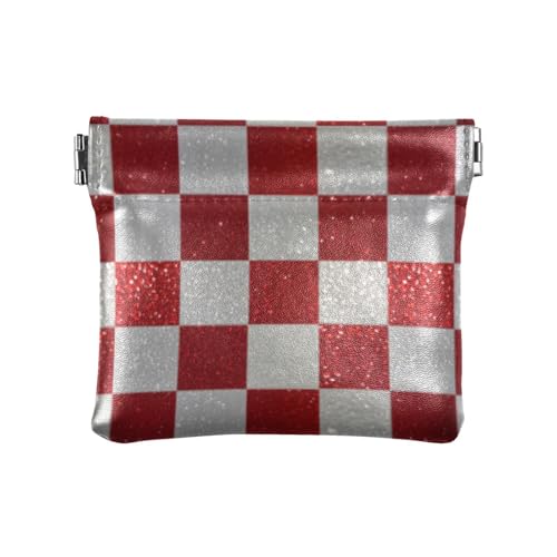 Gefälschte Glitzer-Schachbrettquadrate weiß rot Damen PU-Leder Münzbörse ausgefallener Schmuck für Frauen, Gefälschte Glitzer-Schachbrettquadrate weiß rot, 1 size, Druckkunst von voucong