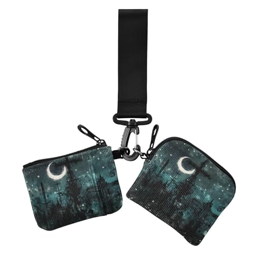 Gothic Darkness Night Cross Moon Damen Münzgeldbörsen Kartenetuis Minimalistische Münzbörse Kleingeldhalter mit Schlüsselanhänger für den täglichen Gebrauch, 2 Stück, Gothic Dunkelheit Nacht Kreuz von voucong
