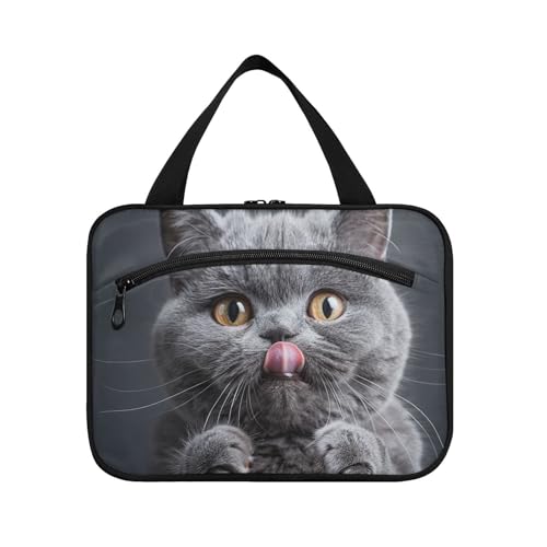 Graue englische Kurzhaar-Katzen-Toilettenartikel für Herren mit Haken, Designer-Accessoires, gesteppte Make-up-Tasche für Reisen, Muss für Reisen, Größe L von voucong