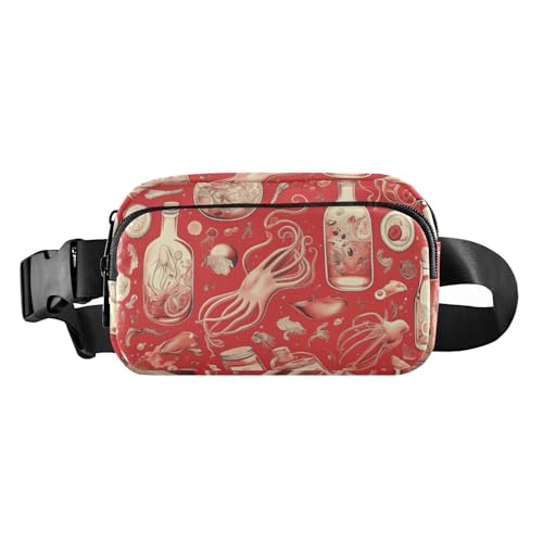 Gürteltasche für Damen und Herren, Motiv: Cartoon-Tintenfisch, Weinrot, trendige Gürteltasche für Damen und Herren, kleine Schlinge, Brusttasche mit verstellbarem Gurt, für Reisen, Urlaub, Laufen von voucong