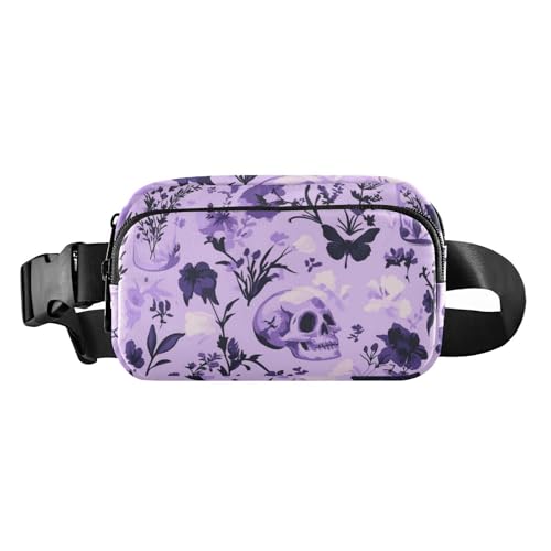 Gürteltasche für Damen und Herren, mit großem Fassungsvermögen, mit verstellbarem Gurt, für Workout, Laufen, Wandern, Violett mit Lavendel und Totenkopf, Lila Lavendel Schädel Blume, 1 size von voucong