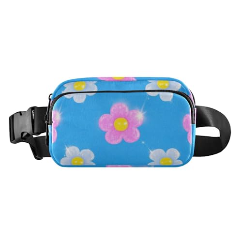 Gürteltasche mit künstlichem Glitzer, Cartoon-Motiv, blaue Blume, modische Bauchtasche für Damen und Herren, kleine Schultertasche mit verstellbarem Riemen für Reisen, Einkaufen, Laufen, Künstliche von voucong