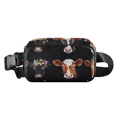Gürteltasche mit süßer Kuh, schwarze Blume, für Damen, Herren, Teenager, Mehrzweck, Croose, Body Geldbörse mit verstellbarem Riemen für Reisen, Einkaufen, Laufen, niedliche Kuh, schwarze Blume von voucong