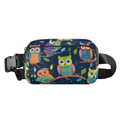 Handbemalte Cartoon-Eulengruppe in Farbe, trendige Hüfttasche, Crossbody-Tasche für Damen und Herren, großes Fassungsvermögen, Croose-Körper-Geldbörse mit verstellbarem Riemen für Reisen, Laufen von voucong