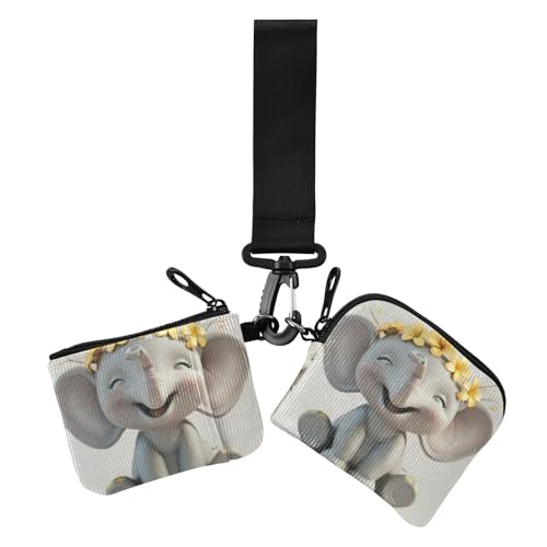 Happy Little Gray Elephant Damen Geldbörsen Kartenetuis Mini Mode Schlüsselanhänger Geldbörse Kleingeld Geldbörse mit Schlüsselanhänger für Arbeit Reisen 2 Packungen, Happy Little Grey Elephant, 1 von voucong