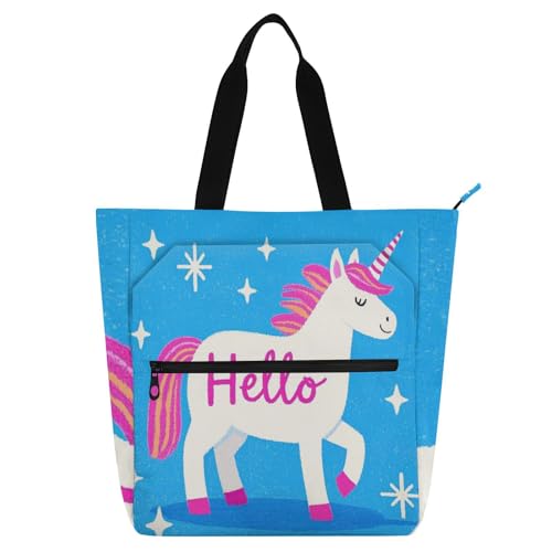 Hello Cartoon süße weiße Einhörner Buchtasche Kunst Tote Bag für Jungen Mädchen Erwachsene stabile Kinderbuch-Tragetasche wiederverwendbare Einkaufstasche Handtasche für College Shopping Strand von voucong