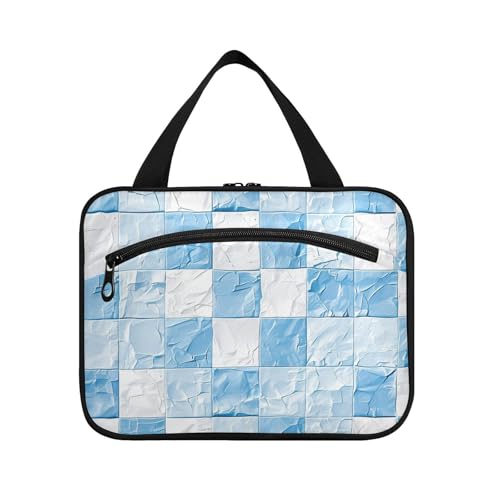 Herren-Reisetasche, Kulturbeutel mit Haken, niedlicher Designer-Kulturbeutel mit Karomuster, für Damen, Hotel, Bolsas de Maquillaje para Mujer, Hellblau und Weiß von voucong