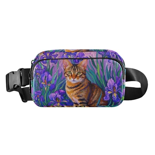 Hüfttasche mit niedlicher brauner Katze, lila Blumen, trendige Gürteltasche für Damen, Herren, Teenager, Mini-Crossbody-Pass-Tasche mit verstellbarem Riemen für Reisen, Urlaub, Laufen von voucong