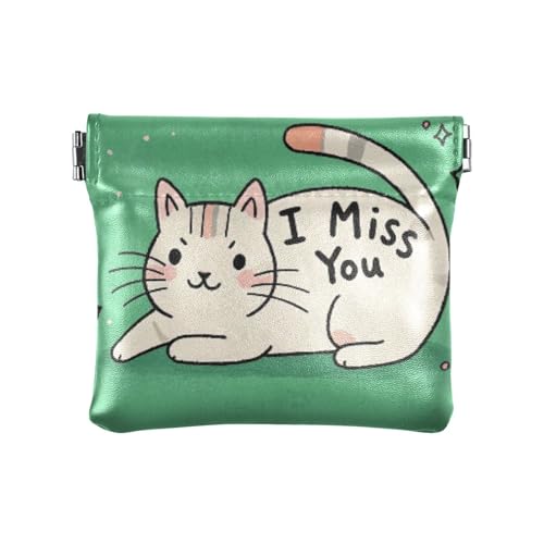 I Miss You Cartoon süße weiße Katze Damen Herren Leder Münzgeldbörsen praktische Mini-Make-up-Tasche für Damen, I Miss You Cartoon süße weiße Katze, 1 size, Druckkunst von voucong