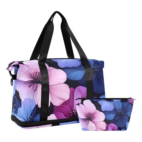Kleine Blumen dunkelblau rosa lila große Tasche mit Nassfach verstellbarem Riemen Gym Duffel Bag für Flugzeug Reisen Multifunktional für Männer Frauen von voucong