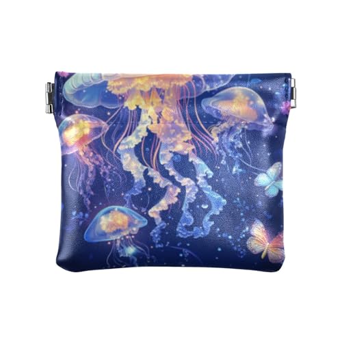 Kleine Geldbörse aus Leder mit Cartoon-Quallen, tragbar, Mini-Make-up-Tasche für Frauen, Cartoon Quallen Meer, 1 size, Druckkunst von voucong