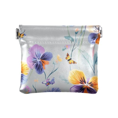 Kleine Geldbörse aus Leder mit Cartoon-Stiefmütterchen, graue Blume, niedlicher Münzhalter für Damen, Cartoon-Stiefmütterchen, graue Blume, 1 size, Druckkunst von voucong