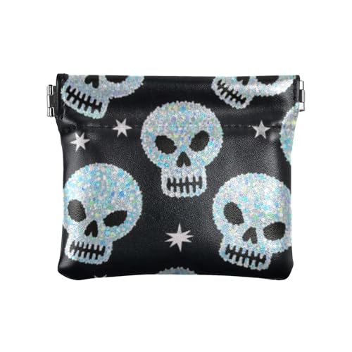 Kleine Geldbörse aus Leder mit Glitzer-Cartoon-Totenkopf-Motiv, einzigartige Münzbörse für Damen, Künstlicher Glitzer-Cartoon-Totenkopf, 1 size, Druckkunst von voucong