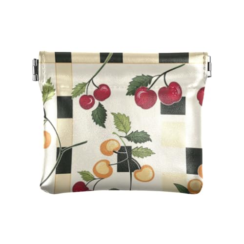 Kleine Geldbörse aus Leder mit Kirschkarierter Bordüre, einzigartige Mini-Make-up-Tasche für Damen, Kirschkarierte Bordüre, 1 size, Druckkunst von voucong