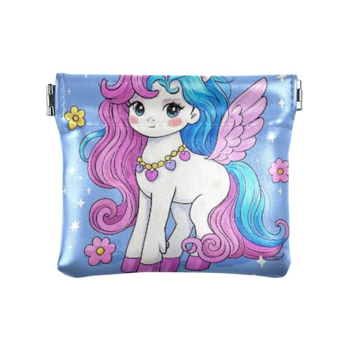 Kleine Geldbörse mit Cartoon-Motiv und weißen Regenbogen-Einhörnern, PU-Leder, ausgefallener Schmuck für Damen, Niedliche weiße Regenbogen-Einhörner im Cartoon-Design, 1 size, Druckkunst von voucong