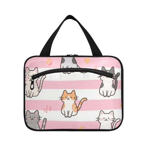 Kosmetiktasche für Damen mit Haken, Motiv: Cartoon-Katze, gestreift, groß, mit Haken, für Reisende, Kreuzfahrten, Größe L, Rosa / Weiß von voucong