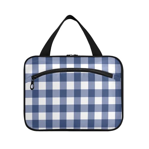 Kulturbeutel für Damen, Schachbrettmuster, zum Aufhängen, mit Haken, Designer-Essentials-Taschen mit Reißverschluss, für Reisen, Cruises, Bolsos para Hombre L, Blau und Weiß von voucong