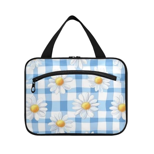 Kulturbeutel für Herren mit Gänseblümchen, Schachbrettmuster, zum Aufhängen, mit Haken, kompakte Designer-Kosmetiktasche für Herren, Hotel, Bolsas de Maquillaje para Mujer L von voucong