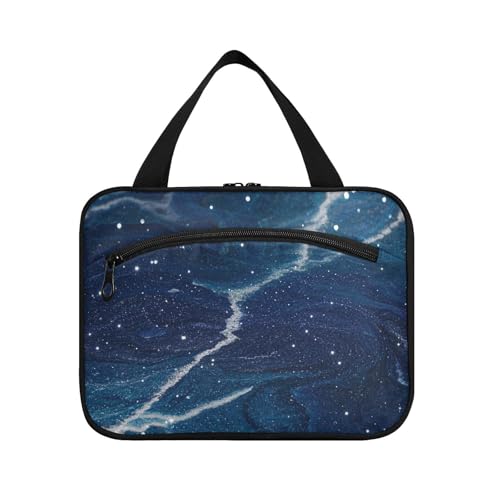 Kulturbeutel für Herren mit Haken, künstlicher Glitzer, Marmormaserung, Blau, Universum, mit Haken, Designerbedarf, Kosmetiktasche, Make-up-Tasche für Damen, Fitnessstudio, Estuche de Maquillaje para von voucong