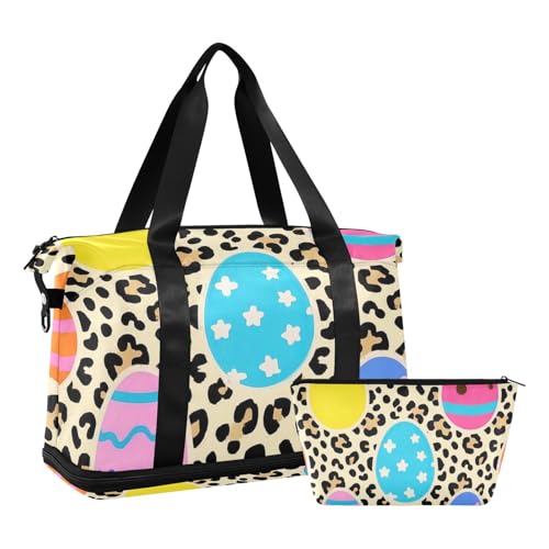 Leopard Ostereier Große Reisetasche mit Nasstasche Verstellbarer Riemen Turnbeutel für Fitnessstudio Multifunktional für Männer Frauen von voucong