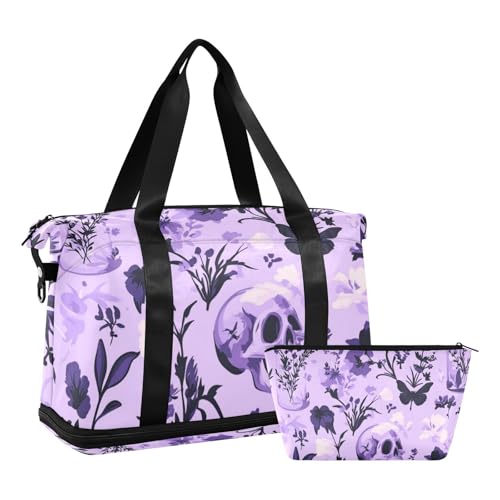 Lila Lavendel Totenkopf Blume Seesack mit Nasstasche Verstellbarer Riemen Große Turnbeutel für Yoga Große Kapazität für Männer Frauen von voucong