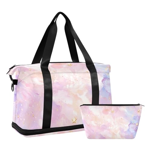 Luxuriöse Reisetasche mit Marmortextur, mit Nassfach, verstellbarem Riemen, Reisetasche, Turnbeutel für Workout, multifunktional, für Männer und Frauen, Rosa / Lila von voucong