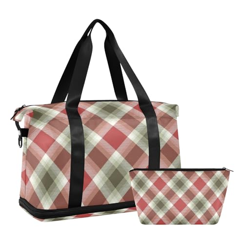 Merry Christmas Buffalo Plaid Kariert Handgepäcktasche Weekender Übernachtungstasche mit Nassfach verstellbarem Riemen Sport Turnbeutel für Workout wasserdicht für Männer Frauen von voucong