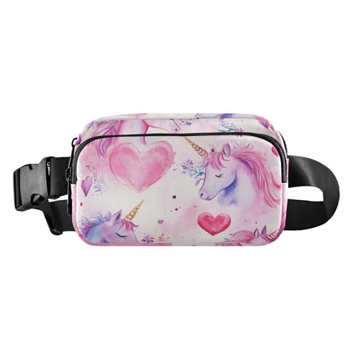 Gürteltasche mit Einhorn-Motiv, Motiv: Wasserfarben, Herzen, Valentinstag, Cartoon, trendige Gürteltasche für Damen, Herren, Teenager, wasserabweisend, mit verstellbarem Riemen, für Reisen von voucong
