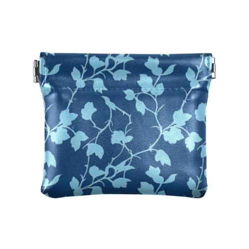 Münzgeldbörsen im Vintage-Rattan-Blatt-Druck, marineblau, für Damen und Herren, Leder, praktische Karten-Schlüssel-Organizer für Frauen, Vintage-Rattan-Blattdruck, Marineblau, Einheitsgröße von voucong