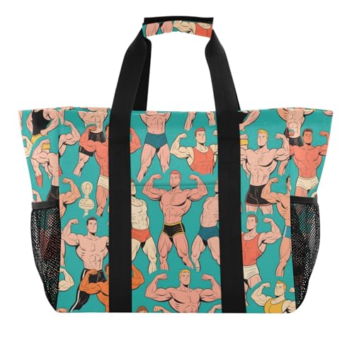 Muscle Hunk Man Cartoon Green Utility Totes Faltbare Sanddichte Canvas Strandtasche, Muscle Hunk Man Cartoon Grün, 1 size, modisch von voucong