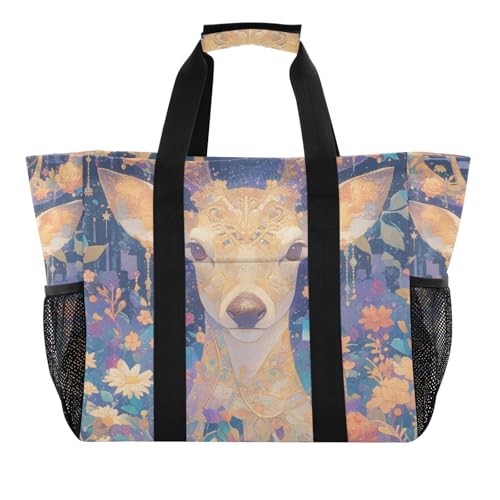 Mysterious Cute Brown Deer with Daisy Flowers Utility Tote Bags For Women Foldable Sandproof with Handles Beach Tote, Geheimnisvoller, süßer brauner Hirsch mit Gänseblümchen, 1 size, modisch von voucong
