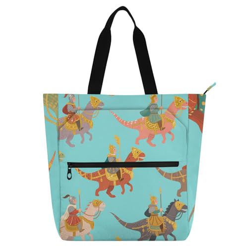 Niedliche Cartoon-Dinosaurier-Ritter-Büchertasche für Jungen, Mädchen, Frauen, stabile Schul-Schultertasche mit Reißverschlusstaschen, für Schule, Einkaufen, Lebensmittel von voucong