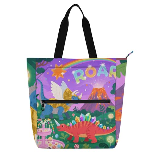 Niedliche Cartoon-Dinosaurier-Vulkan-Kinder-Bücher-Tragetasche für Jungen, Mädchen, Erwachsene, leicht, wiederverwendbar, Einkaufstasche mit Reißverschlusstaschen, für College, Einkaufen, Strand von voucong