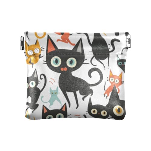 Niedliche Cartoon-Geldbörse für Damen, schwarze Katze, Leder, praktischer Schmuck-Organizer für Frauen, Reisen, Niedliche schwarze Cartoon-Katze, 1 size, Druckkunst von voucong