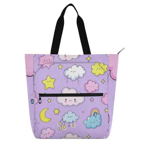 Niedliche Cartoon-Regenbogen-Stern-Violette Pfirsich-Bücher-Tragetaschen für Jungen Mädchen Frauen Wasserabweisend Wiederverwendbare Einkaufstasche Handtasche mit Reißverschluss für Schule, Einkaufen von voucong