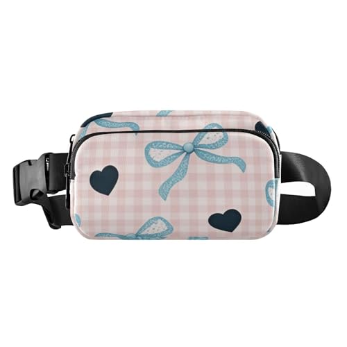 Niedliche blaue Schleife mit schwarzem Herz, stilvolle Bauchtasche für Damen, Herren, Teenager, Mehrzweck-Schultertasche, Reisezubehör mit verstellbarem Gurt für Reisen, Urlaub, Laufen, Niedliche von voucong