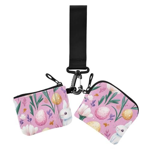 Oster-Pfirsichhasen, niedliche Blumen, Damen-Münzgeldbörse, Kartenhalter, schlank, abnehmbar, Handgelenk-Geldbörse, Schlüsselhalter mit Reißverschlusstasche für den täglichen Gebrauch, 2 Packungen, von voucong