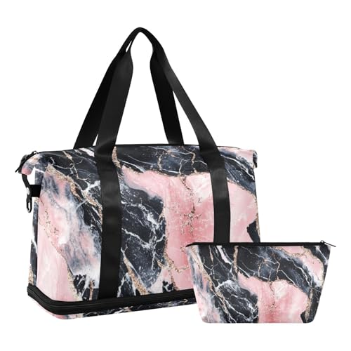 Pfirsichfarbene und schwarze Marmor-Textur, Wochenendtasche mit Nasstasche, verstellbarer Riemen, Turnbeutel für Fitnessstudio, multifunktional, für Männer und Frauen von voucong