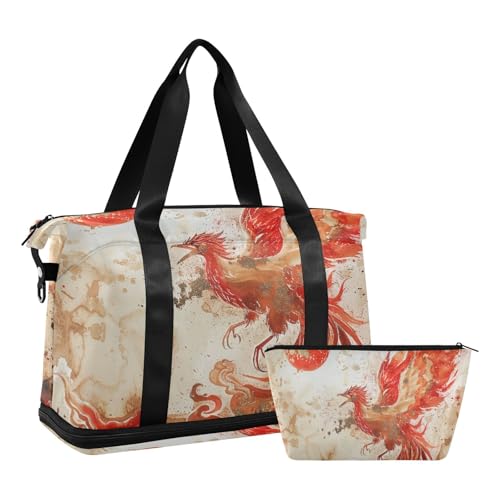 Phoenix Bird Chinesische Tuschemalerei Rot Gold Weekender Tasche mit Nasstasche Verstellbarer Riemen Sporttasche Turnbeutel für Yoga Multifunktional für Männer Frauen von voucong