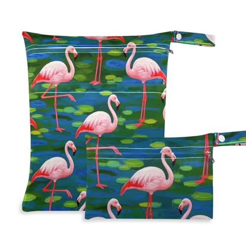 Prop1 Trockentasche, Motiv: rosa Flamingos in Ölgemälde, wasserdicht, 2 Stück, Wickeltasche, wichtige Gegenstände mit Griffen für den Pool von voucong