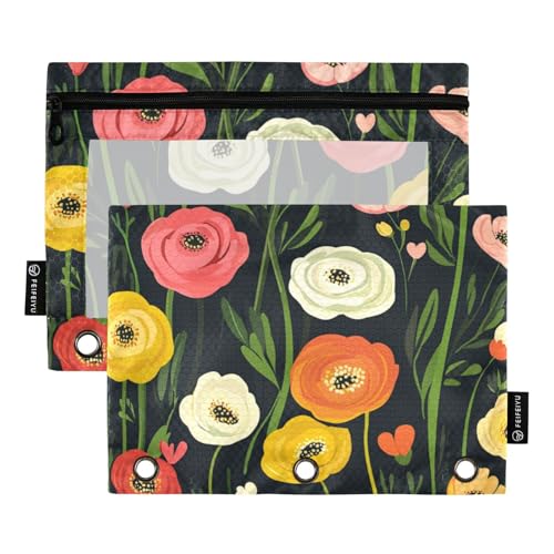Ranunculus Federmäppchen mit floralem Landhausstil, Cartoon-Etui für Ordner, großes Reißverschluss-Federmäppchen mit transparentem Fenster mit Reißverschluss, verstärkte Ösen, für Klassenzimmer von voucong
