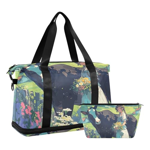 Reisetasche im ländlichen Stil, Kuhgrün, Feldschönheit, große Reisetasche mit Nassfach, verstellbarem Riemen, Fitnessstudio, Handgepäcktaschen zum Wandern, 2-teiliges Set für Männer und Frauen von voucong