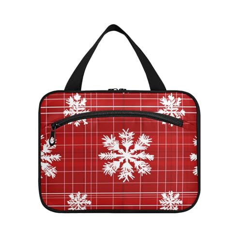 Schneeflocken Weihnachten Plaids Rot Hängetasche für Reisen mit Haken, Designer wasserdichter Kulturbeutel Organizer für Männer Arbeit Maletín para maquillaje L von voucong